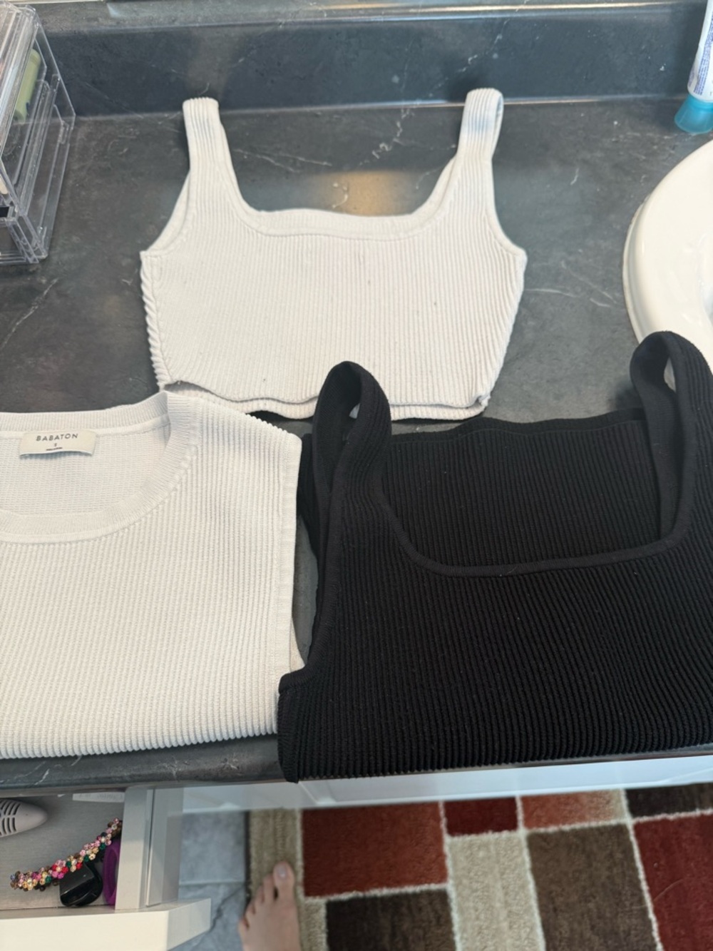 Babaton Ribbed V-Neck Sweater Tanks in Black and White
